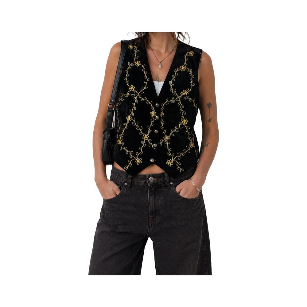 Vintage Y2K Agapo Embroidered Leather Vest Suede Folk Boho Medium - Picture 5 of 5